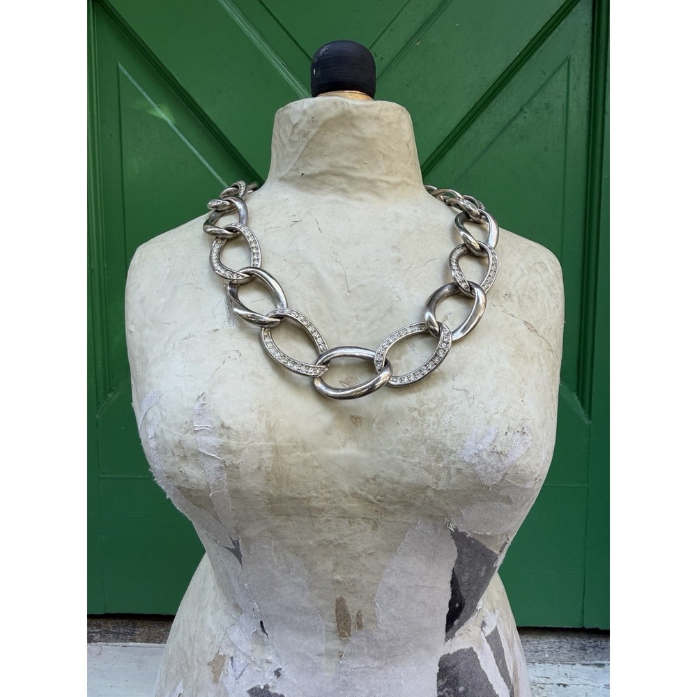Rhinestone Silver Tone Chunky Chain Link Necklace with Extender Glam Edgy Event - Picture 4 of 9